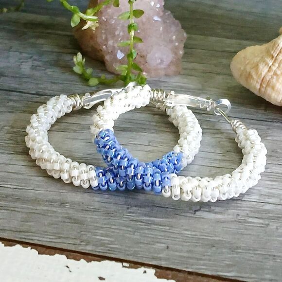 Purple & White Beaded Hoop Earrings, Seed Bead Jewelry Handmade Jewelry 1.5" - Picture 1 of 3